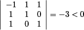 \left|\begin{array}{ccc}-1&1&1\\1&1&0\\1&0&1\end{array}\right|=-3<0
